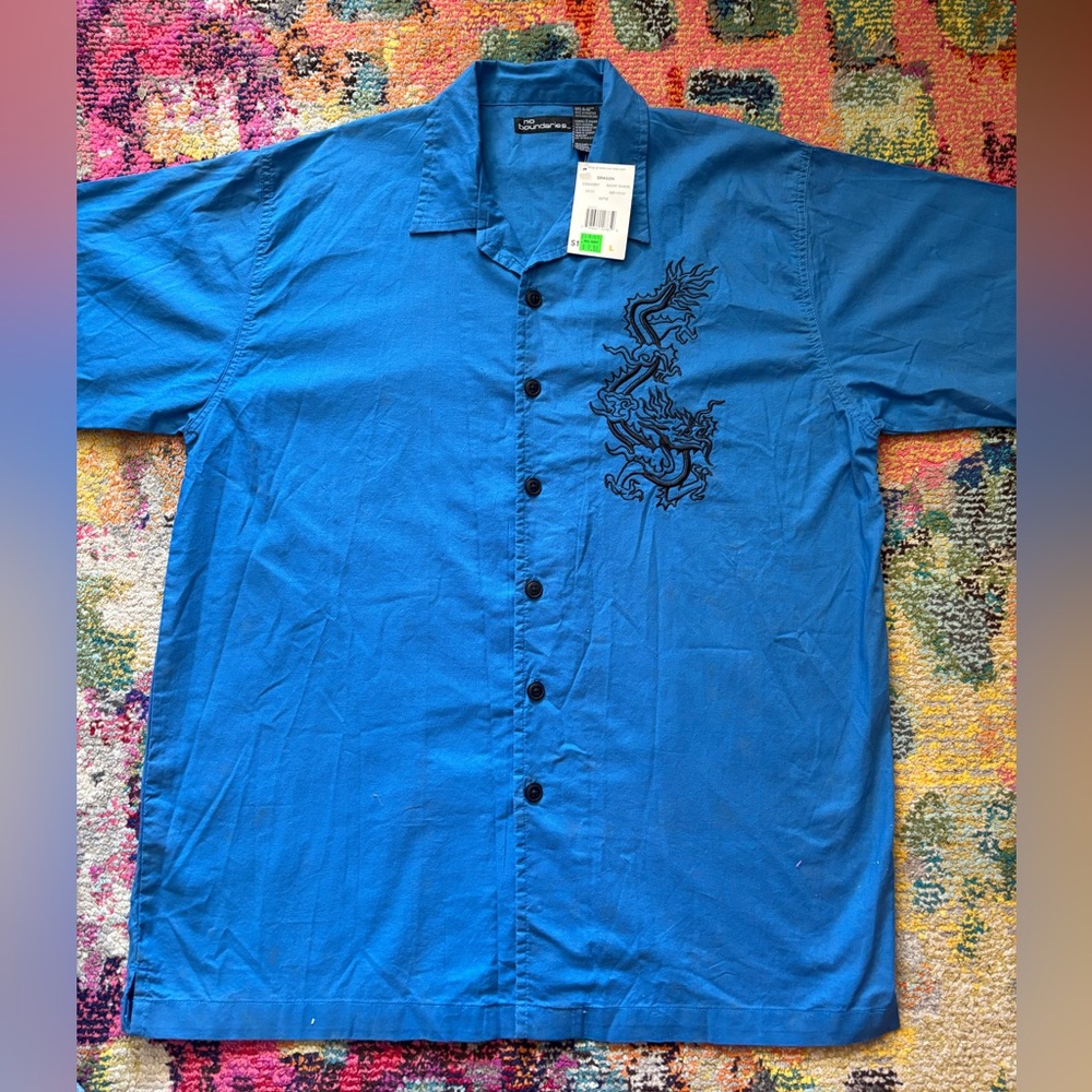 No Boundaries Vintage Blue Dragon Graphic Button-Up Streetwear Y2K Large